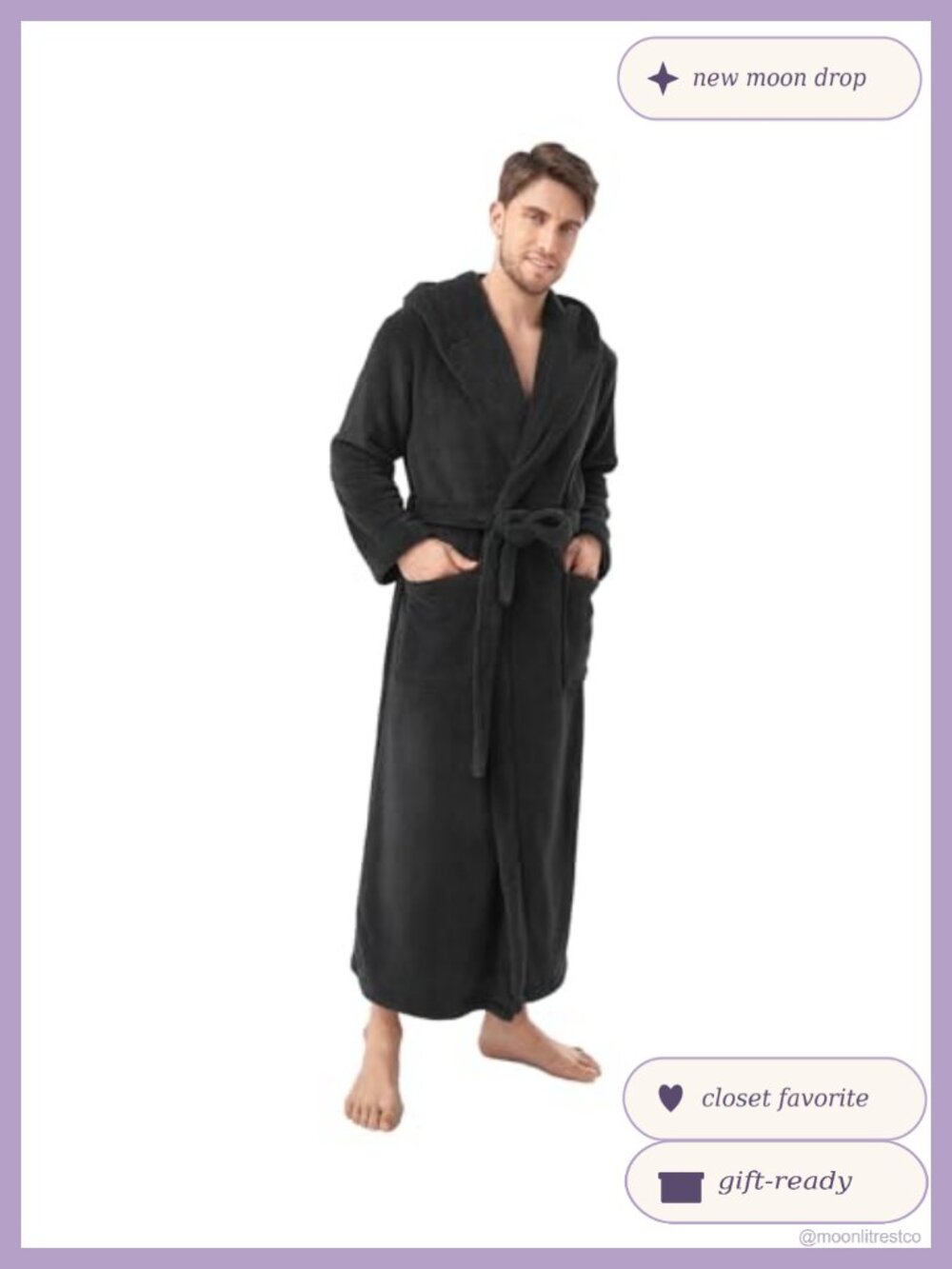 Men's Full Length Hooded Bathrobe Microfiber Coral Fleece Robe